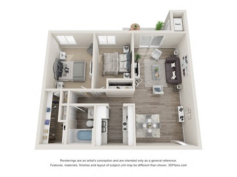 Floor plan for 2 beds, 1 bath, 935 sqft